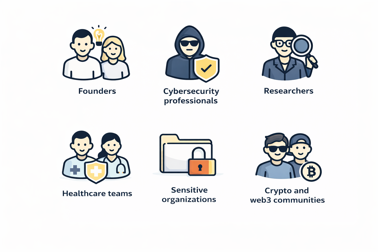 Founders, cybersecurity professionals, researchers, healthcare teams, sensitive organizations, and crypto and web3 communities