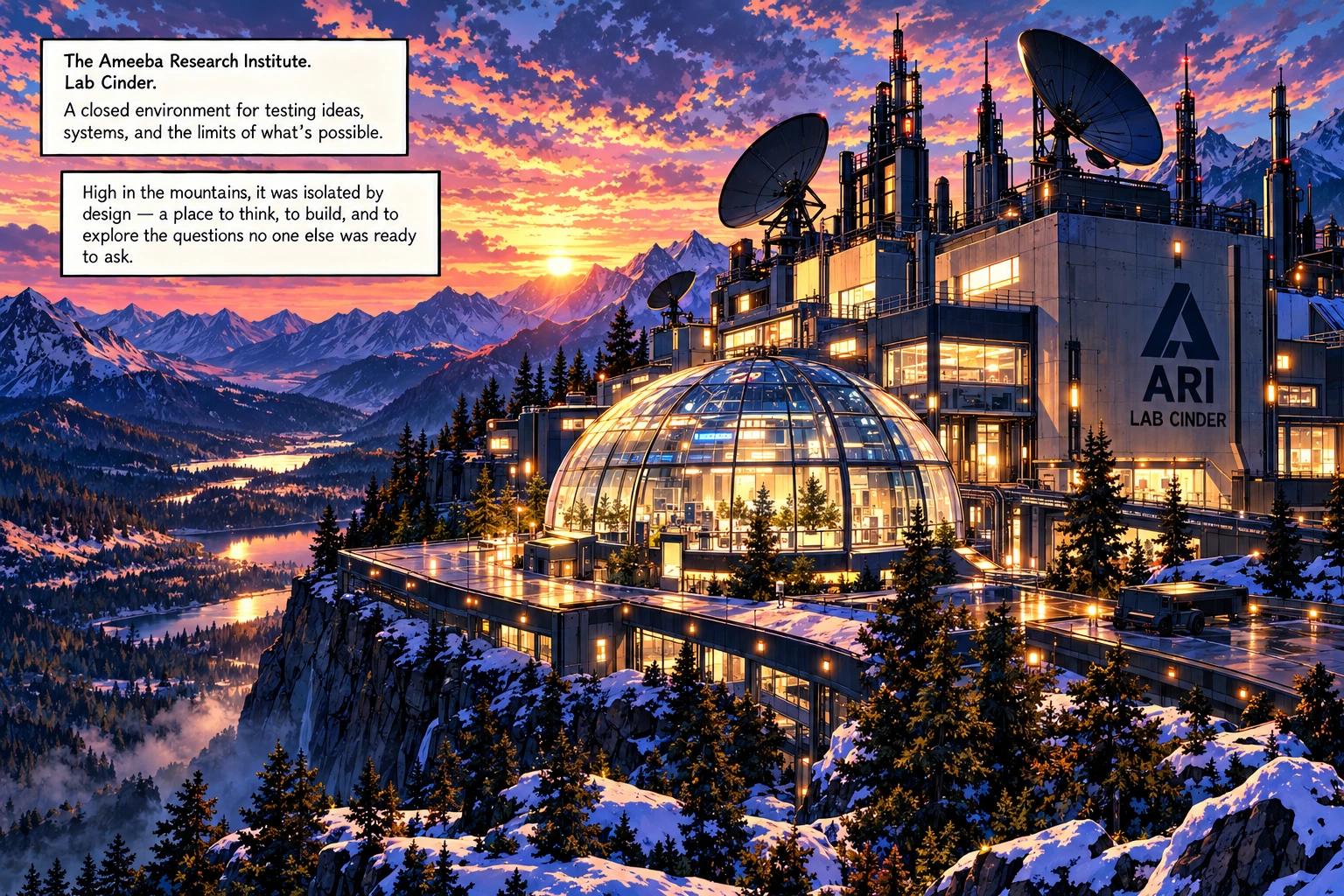 The Ameeba Research Institute Lab Cinder perched above a snowy mountain valley at sunset, with a glass dome and satellite dishes.