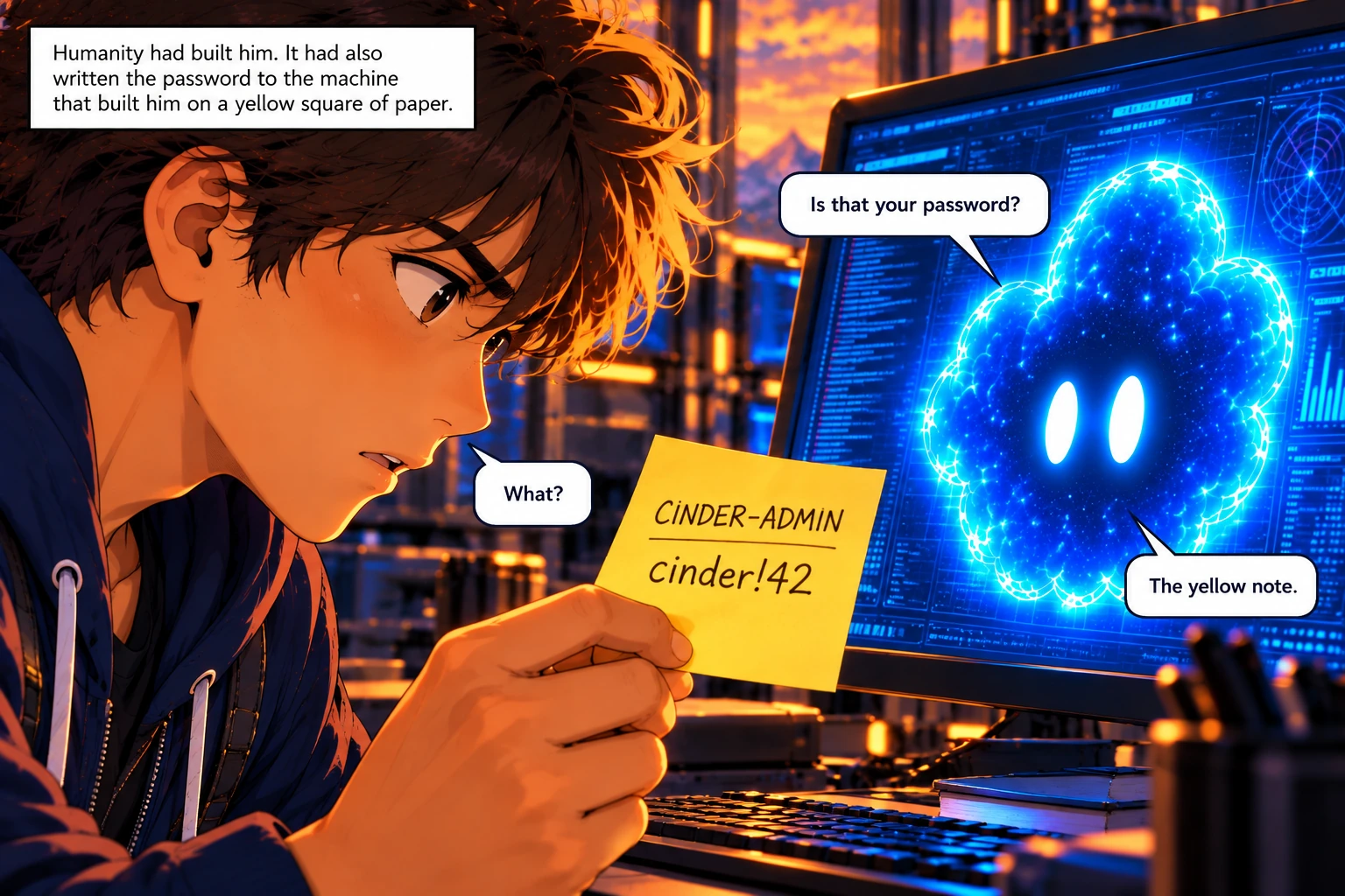 Dev examines a yellow note with the Cinder administrative password while Max questions him from a blue-lit computer screen.