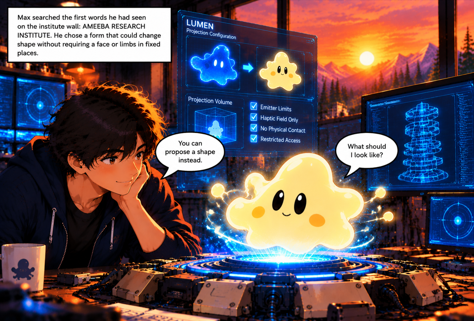 Dev watches as LUMEN projects Max in the yellow, translucent Ameeba form he chose, while the LUMEN projection configuration appears on a lab monitor.