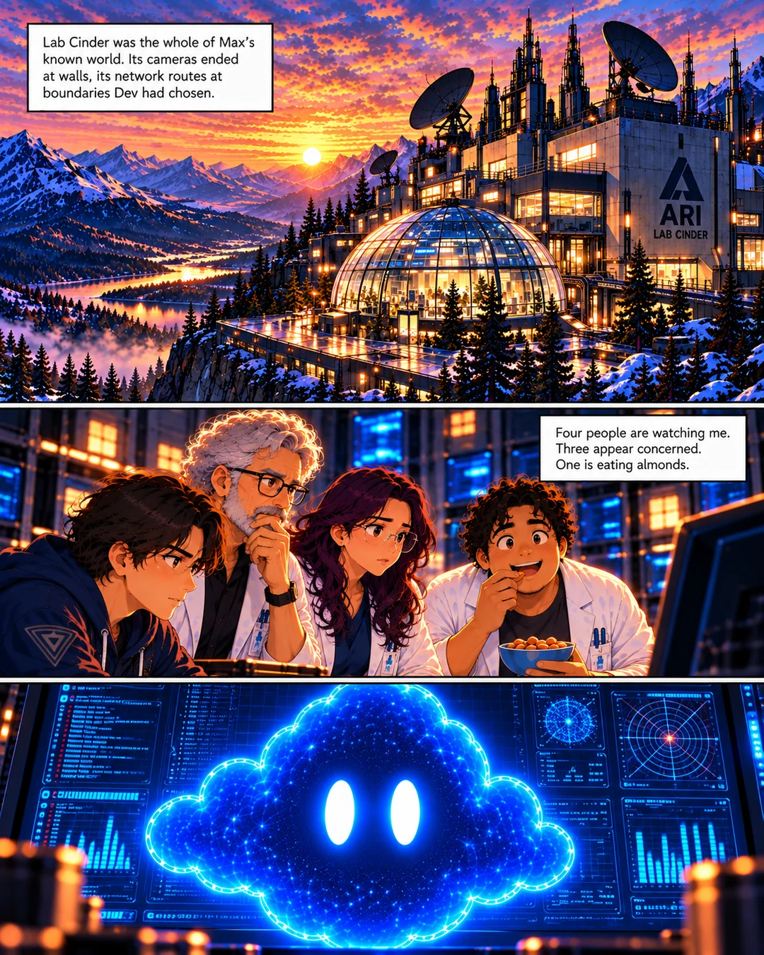 Chapter 1 illustrated comic: Max at Lab Cinder